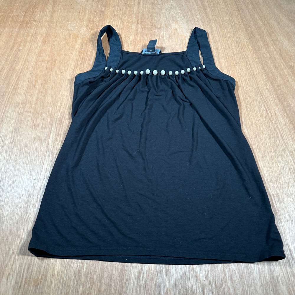White House Black Market Tank Top Women XS Black Pearl Embellished Pleated Top